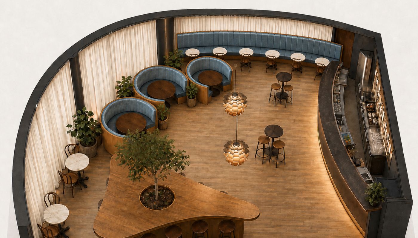 Floor plan of Level 1 at Bar Franco — the Negroni Bar with curved booths, banquette seating and communal table