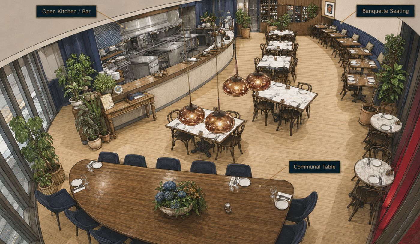 Floor plan of Level 2 at Bar Franco — the restaurant with open kitchen, banquette seating and long communal table
