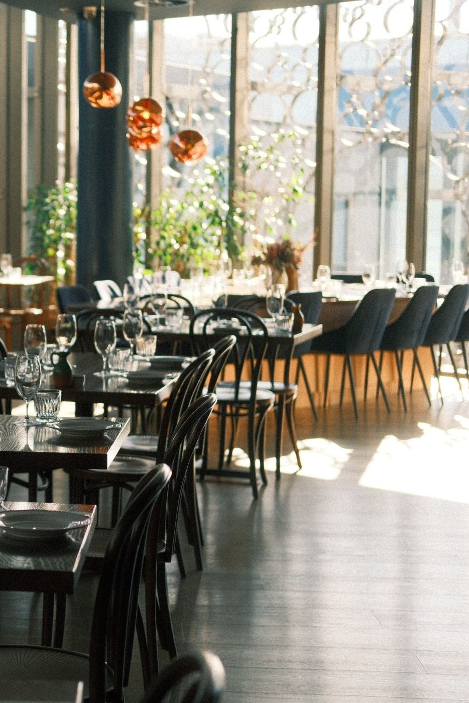 The Level 2 dining room in the afternoon sun: copper pendants, bentwood chairs and the wall of windows